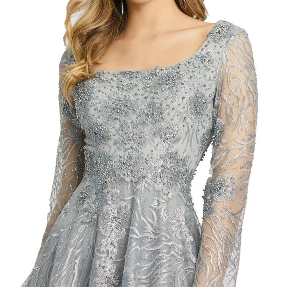 NWT Mac Duggal Jewel Encrusted Long Sleeve Square Neck Gown DOVE GRAY 20 - Picture 2 of 11
